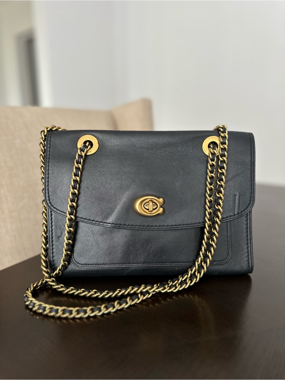 Classic Black Leather Shoulder Bag with Gold Chain